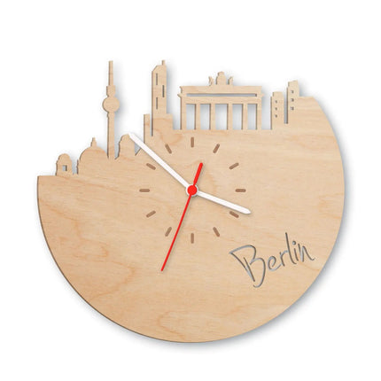 SEO. Wanduhr aus Holz Skyline Berlin - Birke Linkreich