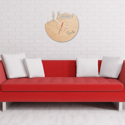 SEO. Wanduhr aus Holz Skyline Berlin - Birke Linkreich