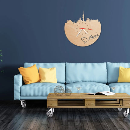 SEO. Wanduhr aus Holz Skyline Dortmund - Birke Linkreich
