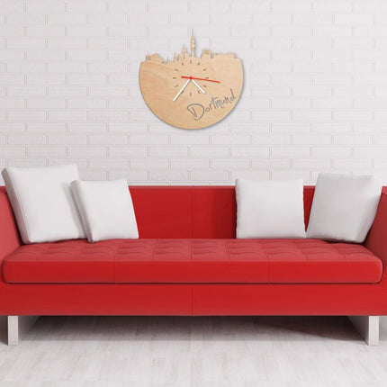 SEO. Wanduhr aus Holz Skyline Dortmund - Birke Linkreich