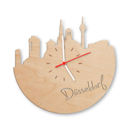SEO. Wanduhr aus Holz Skyline Düsseldorf - Birke Linkreich