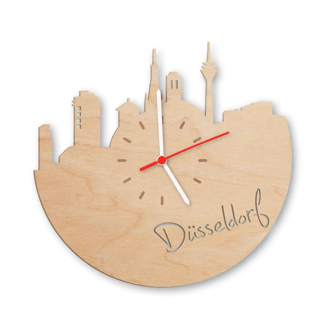 SEO. Wanduhr aus Holz Skyline Düsseldorf - Birke Linkreich