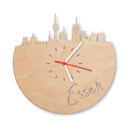 SEO. Wanduhr aus Holz Skyline Essen - Birke Linkreich