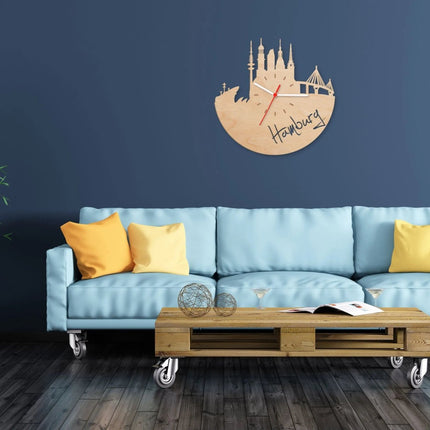 SEO. Wanduhr aus Holz Skyline Hamburg 2016 - Birke Linkreich