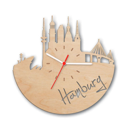 SEO. Wanduhr aus Holz Skyline Hamburg 2016 - Birke Linkreich