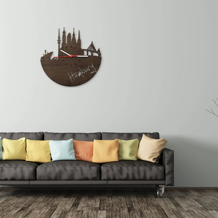 SEO. Wanduhr aus Holz Skyline Hamburg 2016 - Birke Linkreich