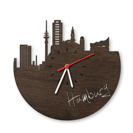 SEO. Wanduhr aus Holz Skyline Hamburg - Eiche geräuchert Linkreich