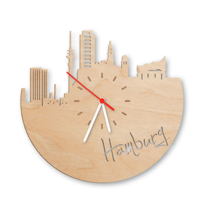 SEO. Wanduhr aus Holz Skyline Hamburg - Birke Linkreich
