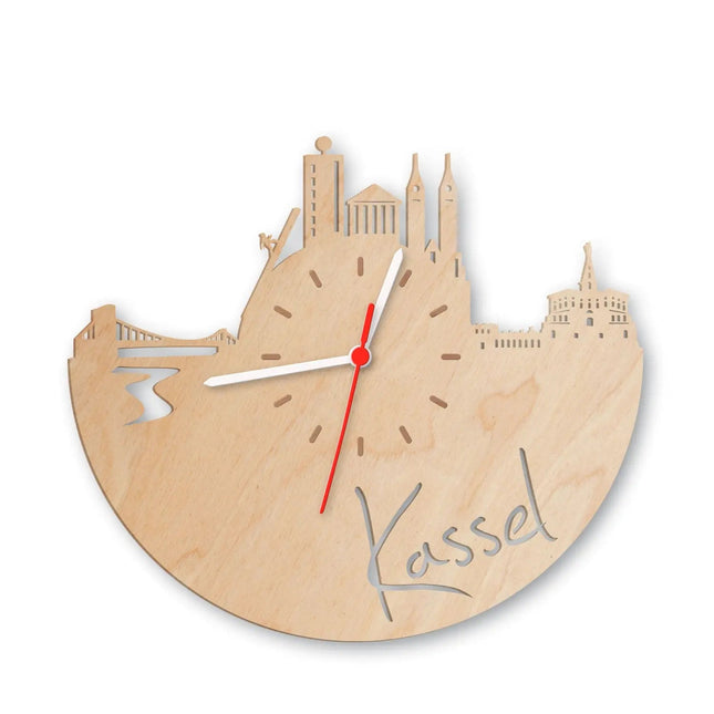 SEO. Wanduhr aus Holz Skyline Kassel - Birke Linkreich