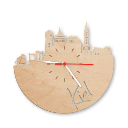 SEO. Wanduhr aus Holz Skyline Kiel - Birke Linkreich