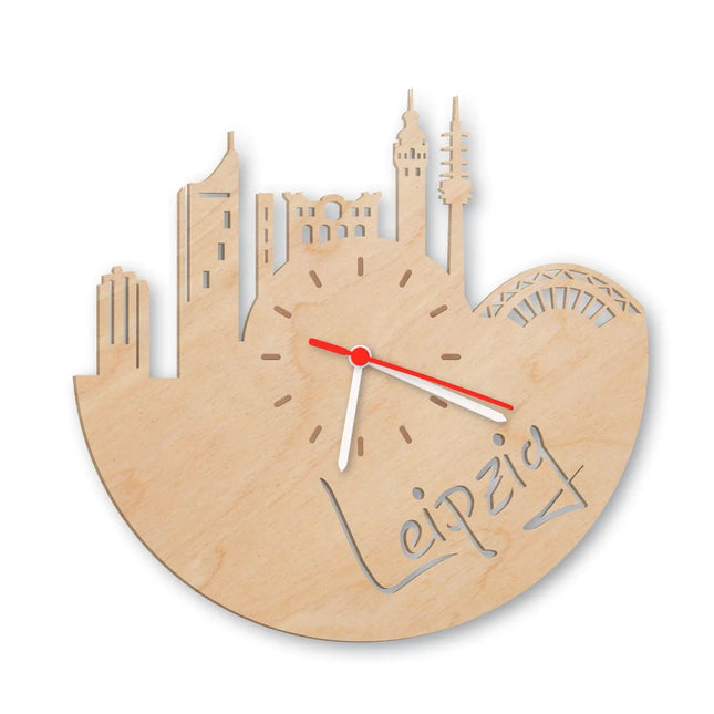 SEO. Wanduhr aus Holz Skyline Leipzig - Birke Linkreich