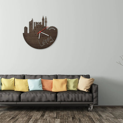 SEO. Wanduhr aus Holz Skyline Leipzig - Birke Linkreich