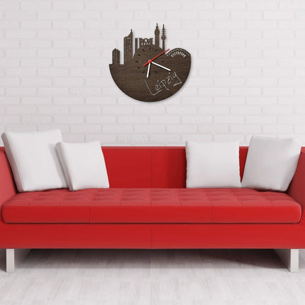 SEO. Wanduhr aus Holz Skyline Leipzig - Birke Linkreich