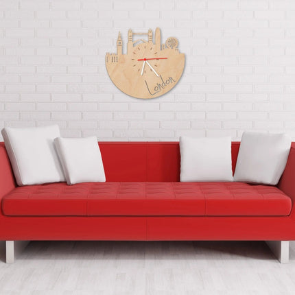 SEO. Wanduhr aus Holz Skyline London - Birke Linkreich