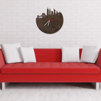 SEO. Wanduhr aus Holz Skyline New York - Birke Linkreich