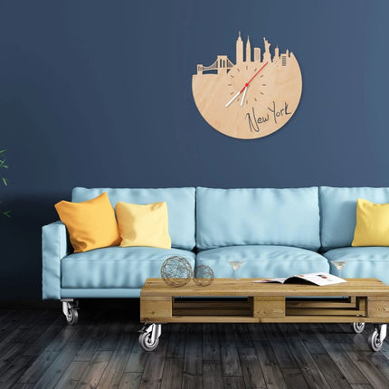 SEO. Wanduhr aus Holz Skyline New York - Birke Linkreich