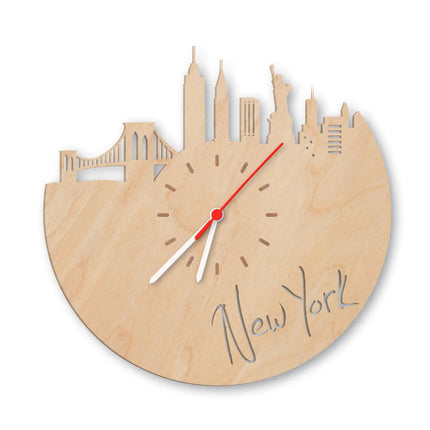 SEO. Wanduhr aus Holz Skyline New York - Birke Linkreich