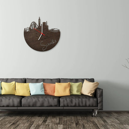 SEO. Wanduhr aus Holz Skyline Schalke - Eiche geräuchert Linkreich