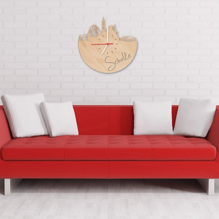 SEO. Wanduhr aus Holz Skyline Schalke - Birke Linkreich