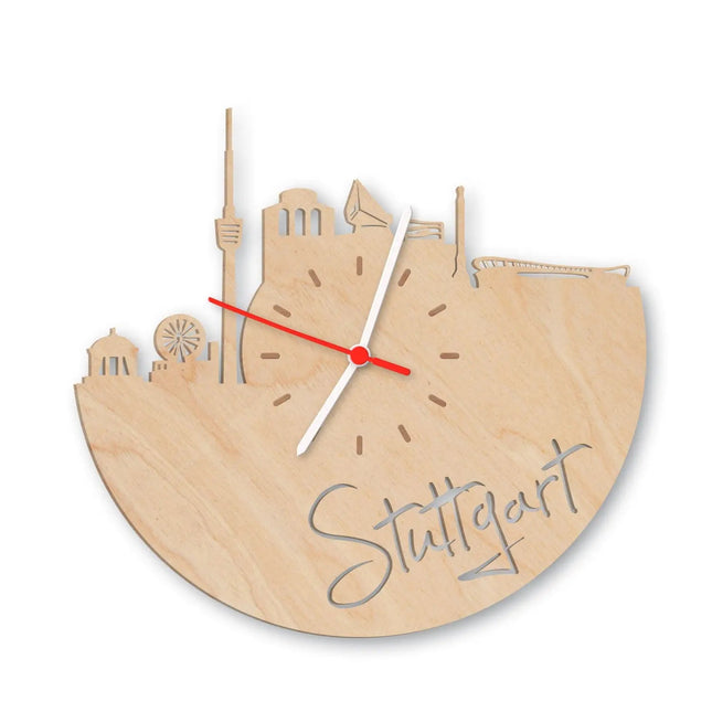 SEO. Wanduhr aus Holz Skyline Stuttgart - Birke Linkreich