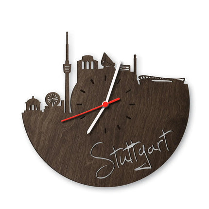 SEO. Wanduhr aus Holz Skyline Stuttgart - Eiche geräuchert Linkreich