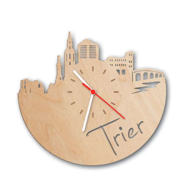 SEO. Wanduhr aus Holz Skyline Trier - Birke Linkreich