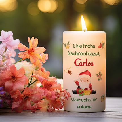 SEO. Weihnachtskerze "Fröhliche Weihnachten" mit Namen - Kleine Kerze Linkreich