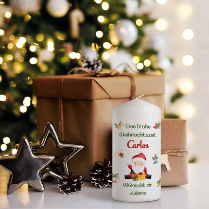 SEO. Weihnachtskerze "Fröhliche Weihnachten" mit Namen - Kleine Kerze Linkreich
