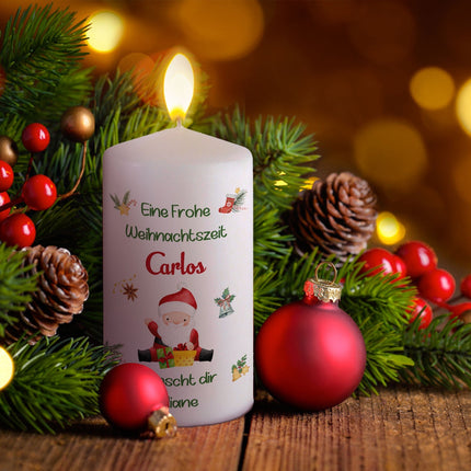 SEO. Weihnachtskerze "Fröhliche Weihnachten" mit Namen - Kleine Kerze Linkreich
