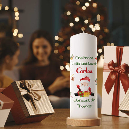 SEO. Weihnachtskerze "Fröhliche Weihnachten" mit Namen - Große Kerze Linkreich