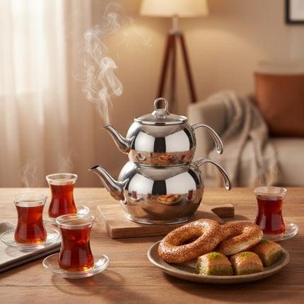 Weissberg Türkische Teekanne Edelstahl Induktionsgeeignet Zwei Teilig für Türkischen Cay Tommy