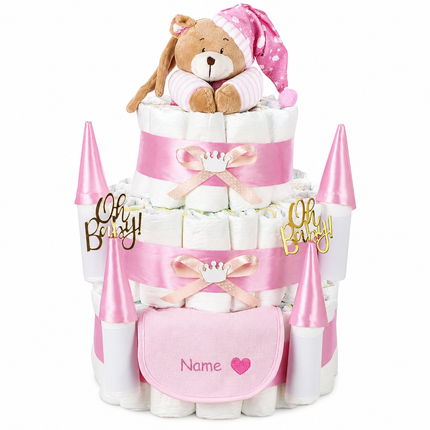 Personalisierbare Windeltorte Schloss Rosa mit Musikspieluhr