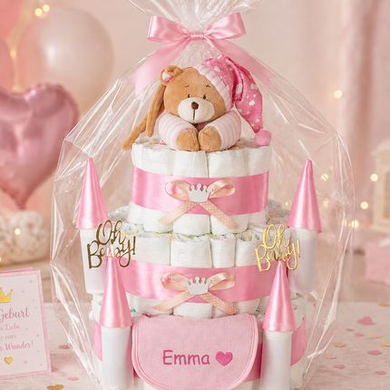 Personalisierbare Windeltorte Schloss Rosa mit Musikspieluhr