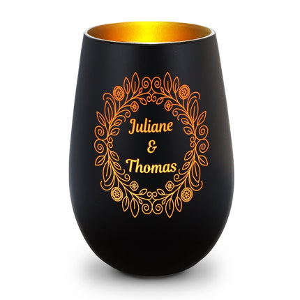 SEO. Windlicht mit Gravur - "Nature Ornament Flower" für Paare - Schwarz - Gold Linkreich