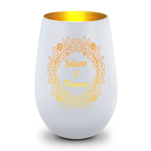 SEO. Windlicht mit Gravur - "Nature Ornament Flower" für Paare - Weiß - Gold Linkreich
