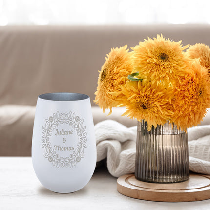 SEO. Windlicht mit Gravur - "Nature Ornament Flower" für Paare - Weiß - Silber Linkreich