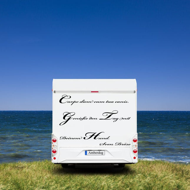 SEO. Wohnmobil Aufkleber: Carpe diem cum tua canis - 100x65cm Linkreich