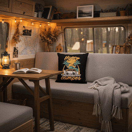 SEO. Wohnmobil Kissenbezug: Happy Camper in schwarz - Linkreich