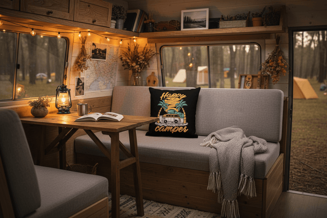 SEO. Wohnmobil Kissenbezug: Happy Camper in schwarz - Linkreich